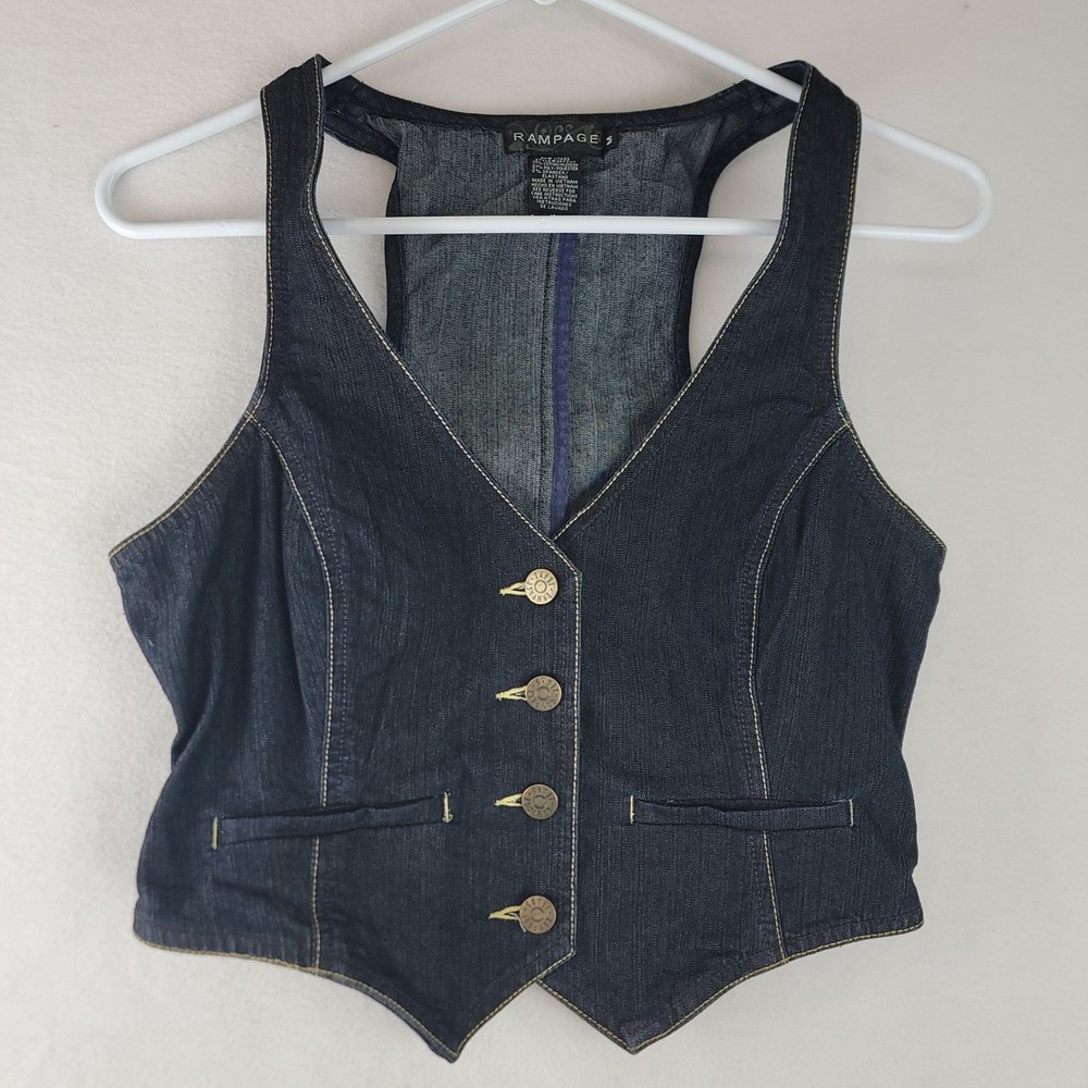 Rampage Womens Dark Wash Denim Racerback Waistcoat Vest Y2K Medium Vintage